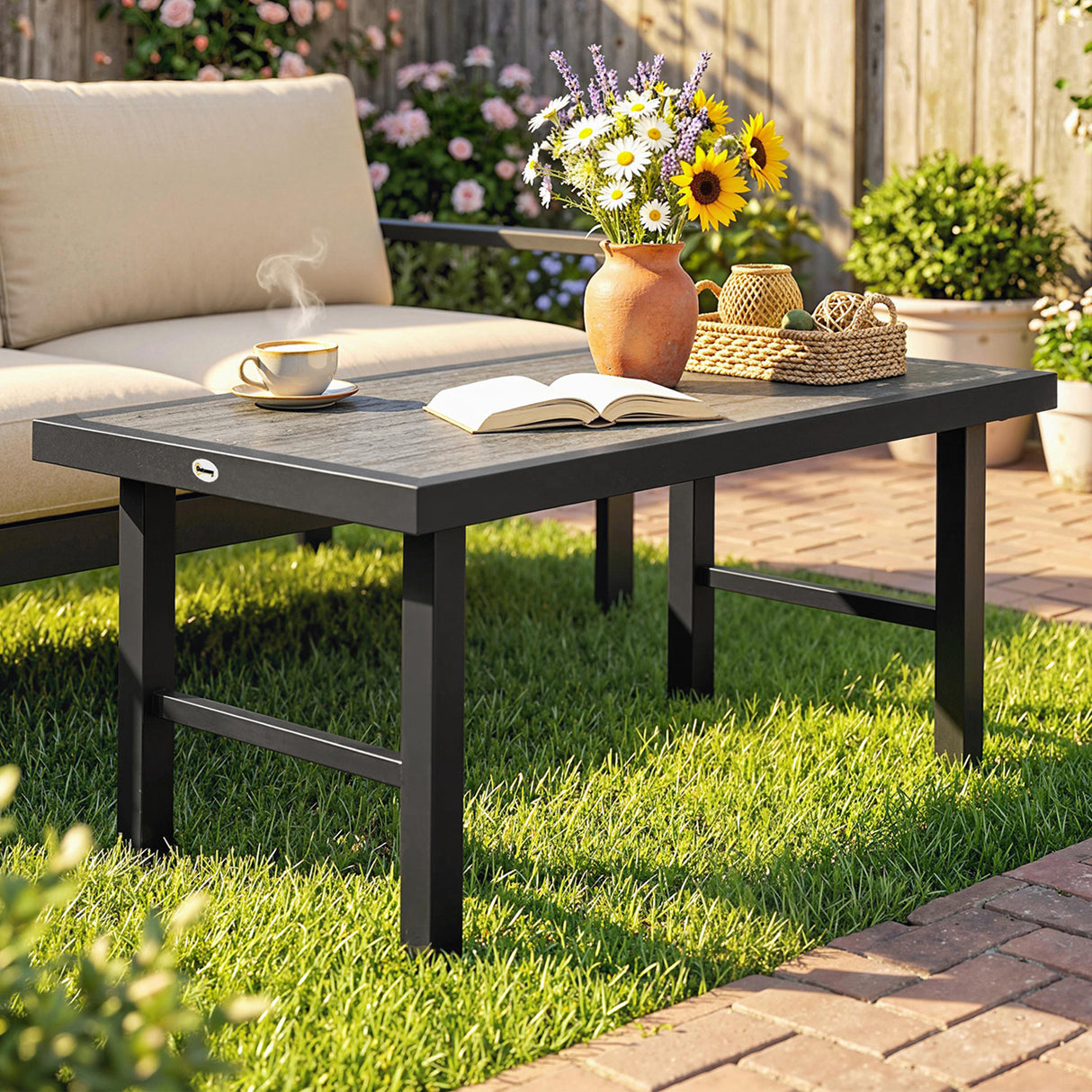 Metal Garden Coffee Table Rectangular With SPC Woodgrain Table top - Velmora
