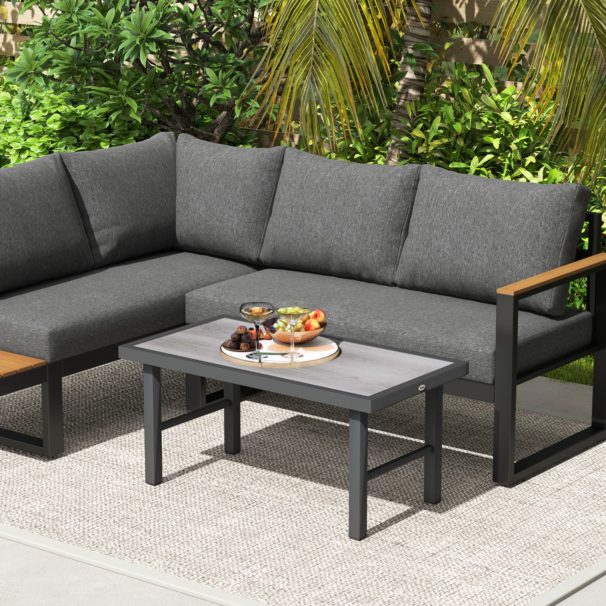 Metal Garden Coffee Table Rectangular With SPC Woodgrain Table top - Velmora