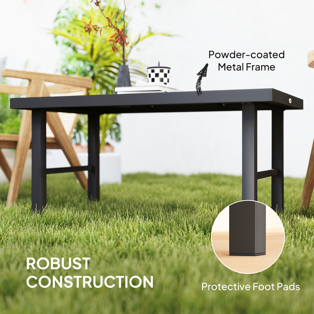 Metal Garden Coffee Table Rectangular With SPC Woodgrain Table top - Velmora
