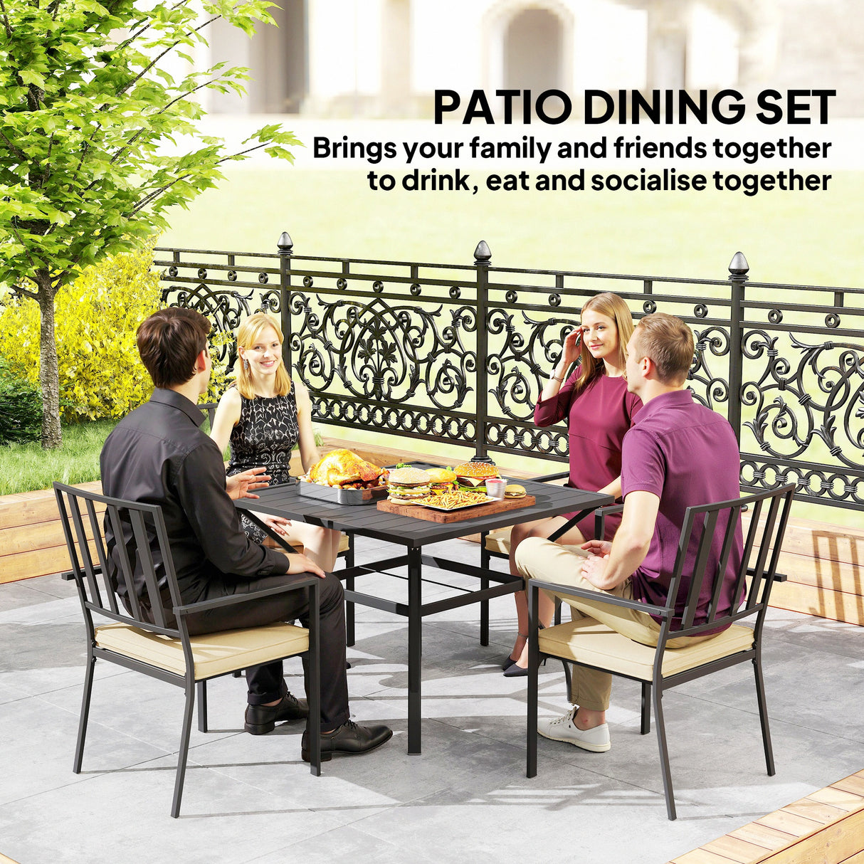 Metal Garden Dining Set With 4 Stackable Chairs And Cushions - Velmora