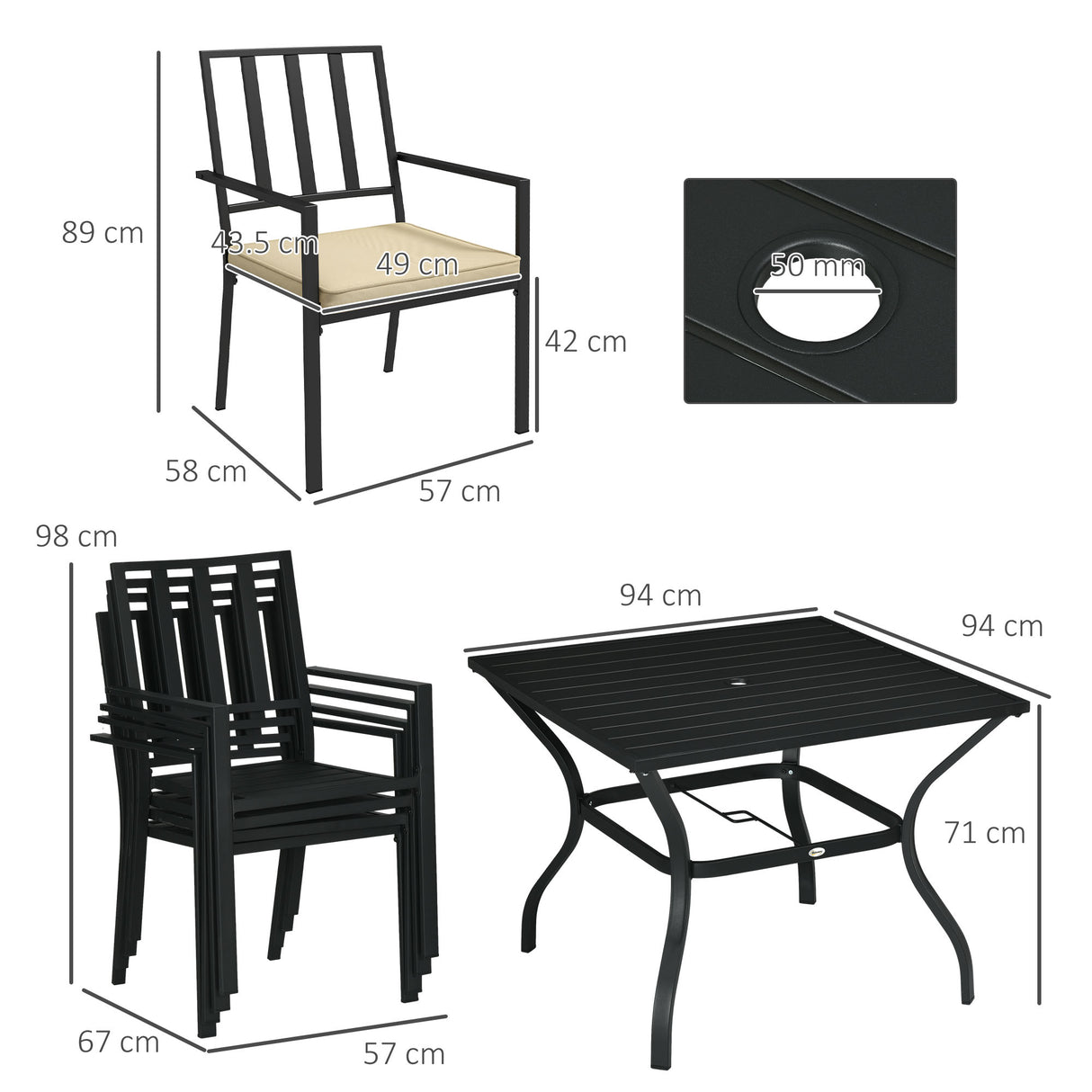 Metal Garden Dining Set With 4 Stackable Chairs And Cushions - Velmora