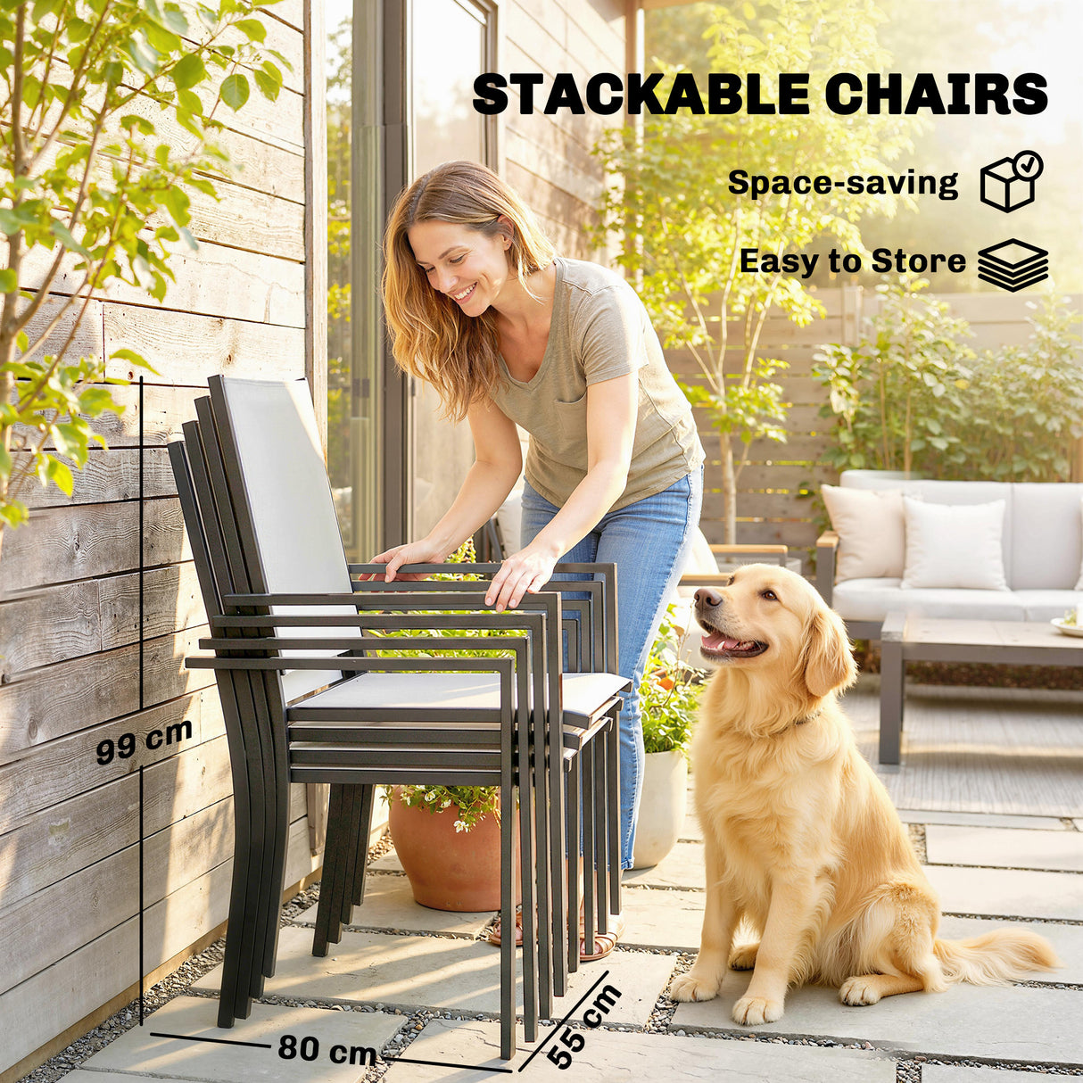 Metal Garden Dining Set With 4 Stackable Chairs and Rectangular Glass Top Table - Velmora