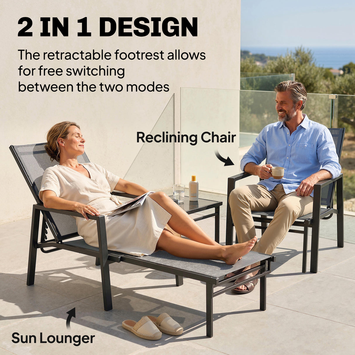 Metal Garden Sun Lounger With Retractable Footrest in Set of 2 - Velmora