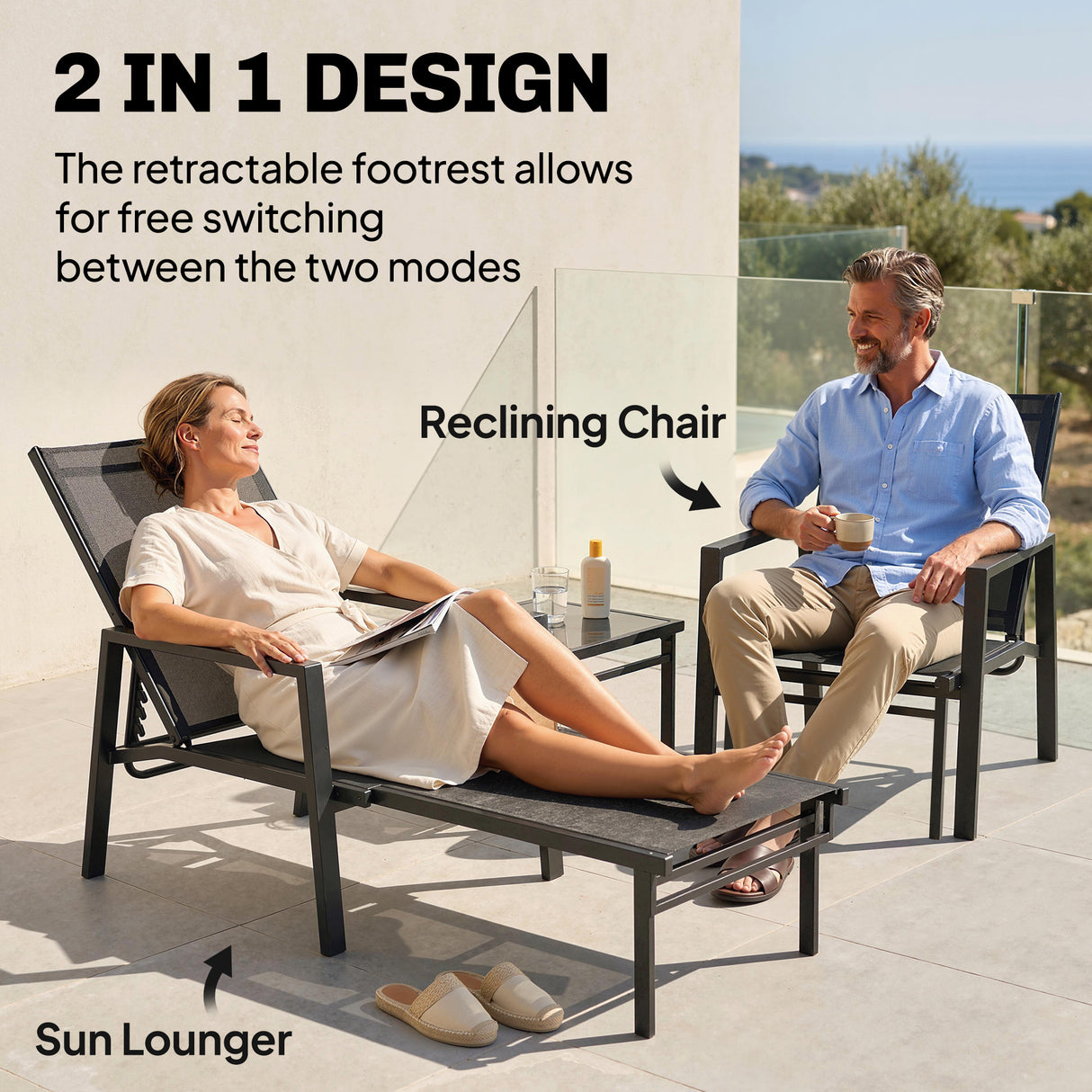 Metal Garden Sun Lounger With Retractable Footrest - Velmora