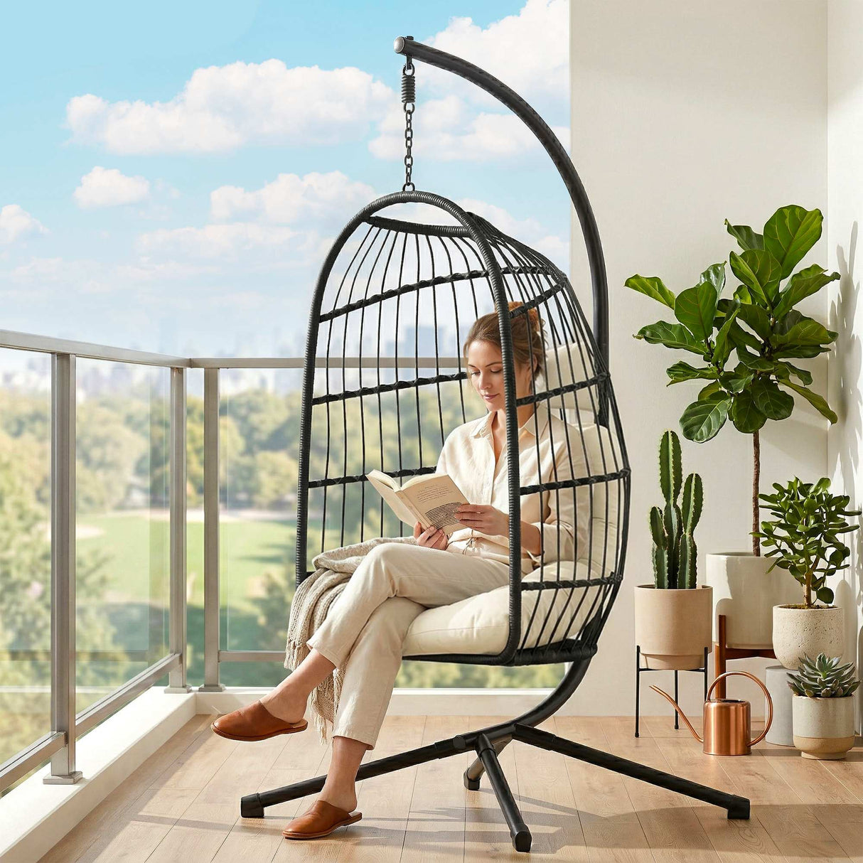 Metal Hammock Swing Chair With Stand And Safety Strap - Velmora