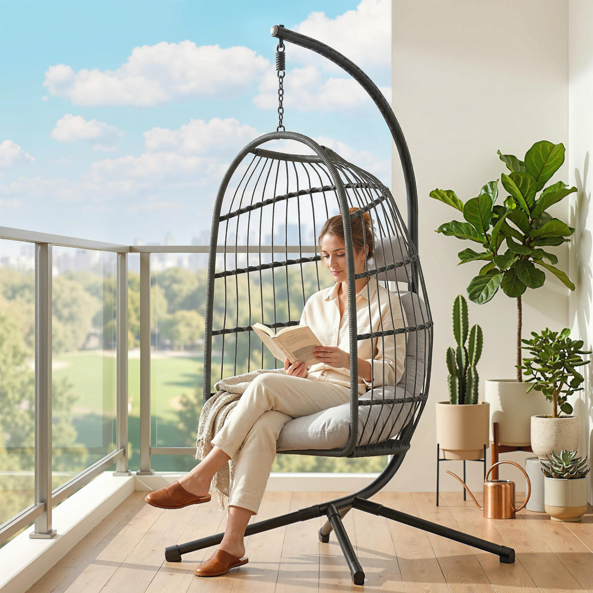 Metal Hammock Swing Chair With Stand And Safety Strap - Velmora