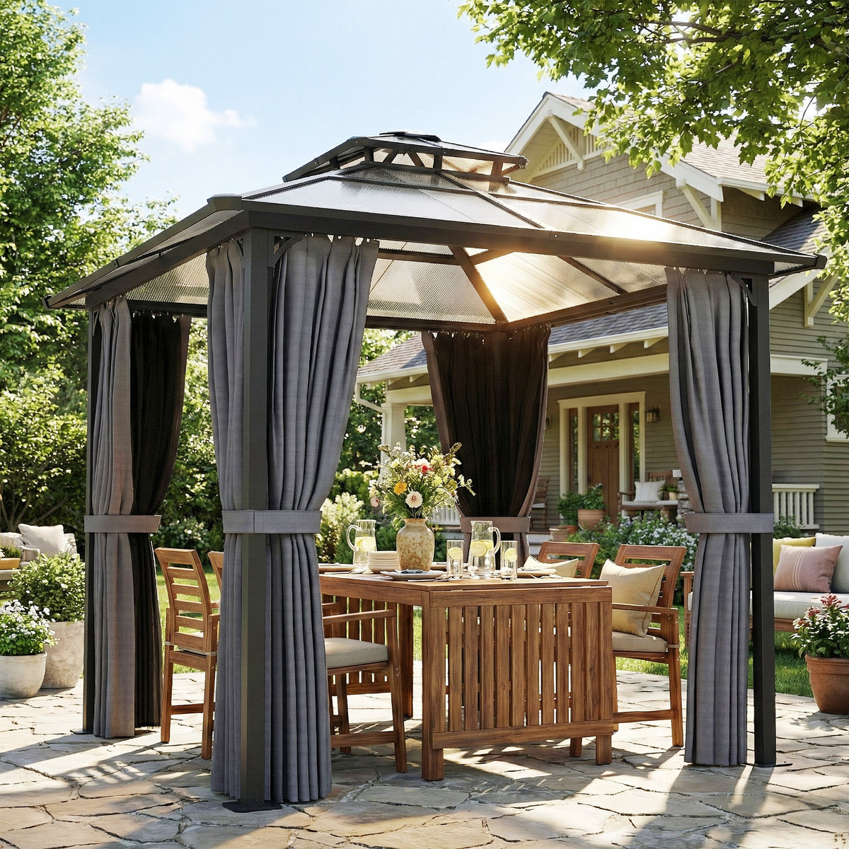 Metal Hardtop Gazebo 2.5 x 2.5m - Polycarbonate Roof Garden Shelter ...