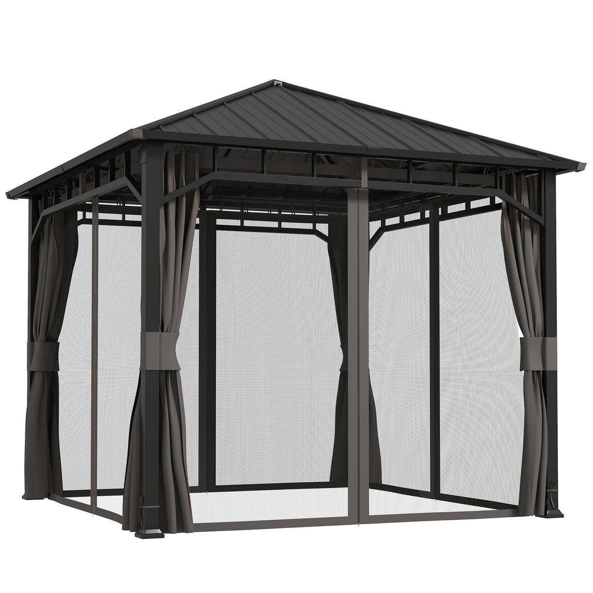 Metal Hardtop Gazebo 300cm Width x 300cm Depth With Curtains - Velmora