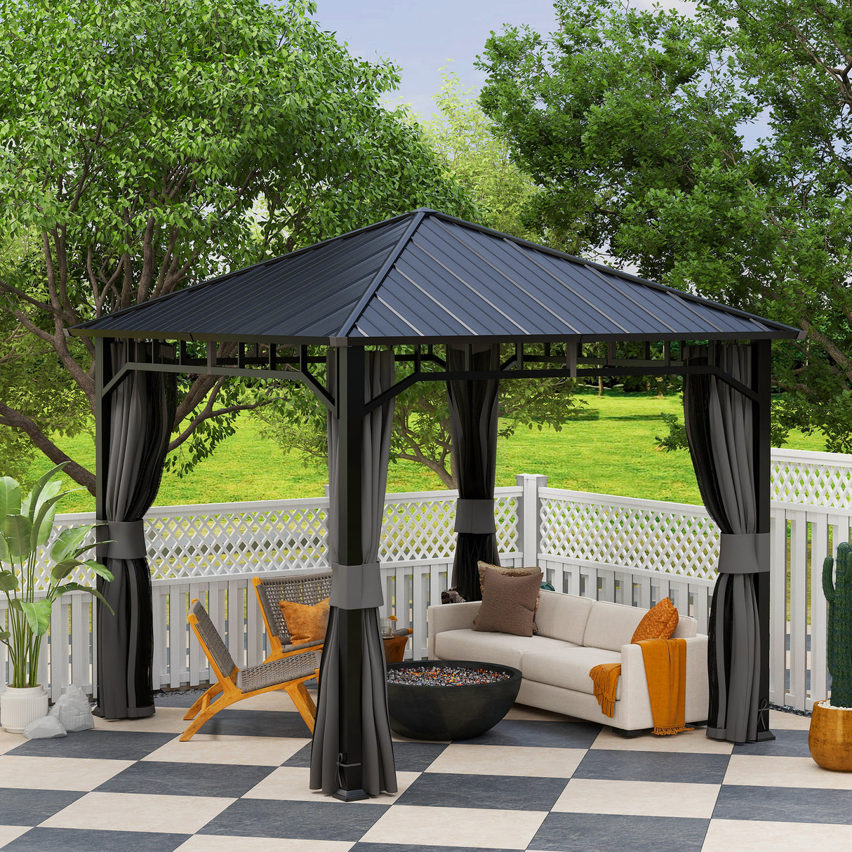 Metal Hardtop Gazebo 300cm Width x 300cm Depth With Curtains - Velmora