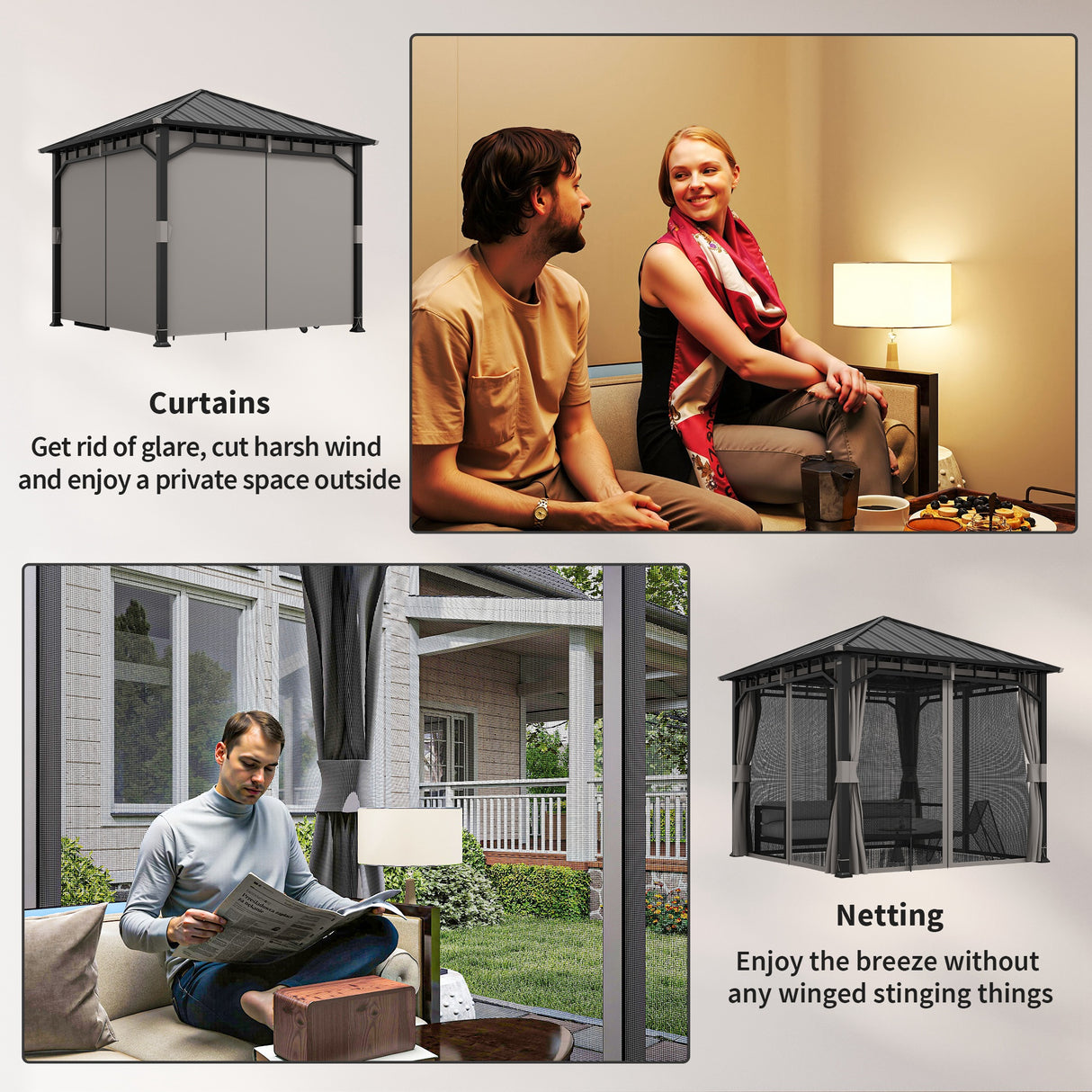 Metal Hardtop Gazebo 300cm Width x 300cm Depth With Curtains - Velmora