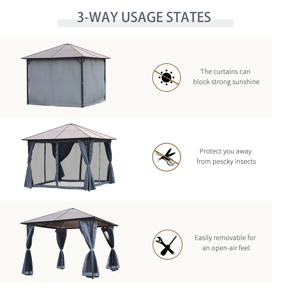 Metal Hardtop Gazebo 300cm Width x 300cm Depth With Netting And Curtains - Velmora
