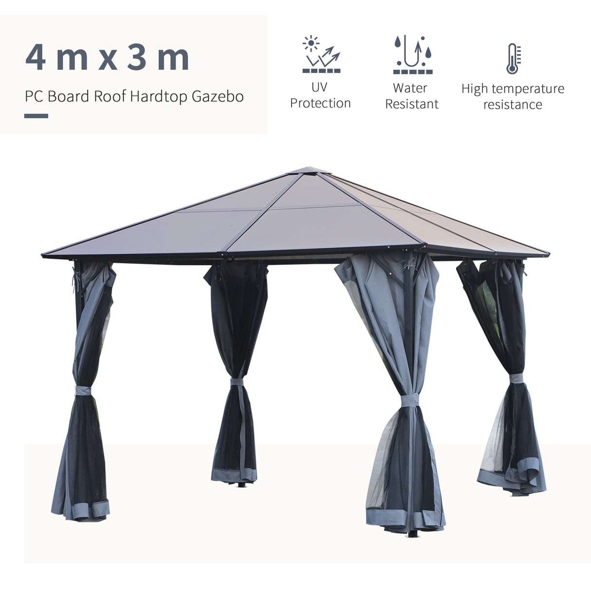 Metal Hardtop Gazebo 300cm Width x 300cm Depth With Netting And Curtains - Velmora
