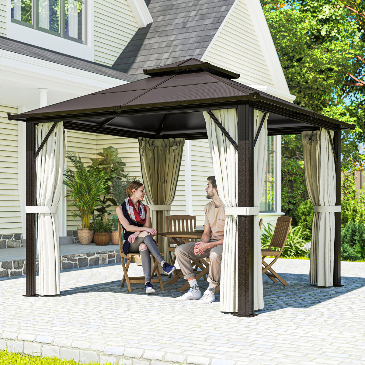 Metal Hardtop Gazebo with UPF30+ Double Roof & Curtains 3x3m | Cozy ...