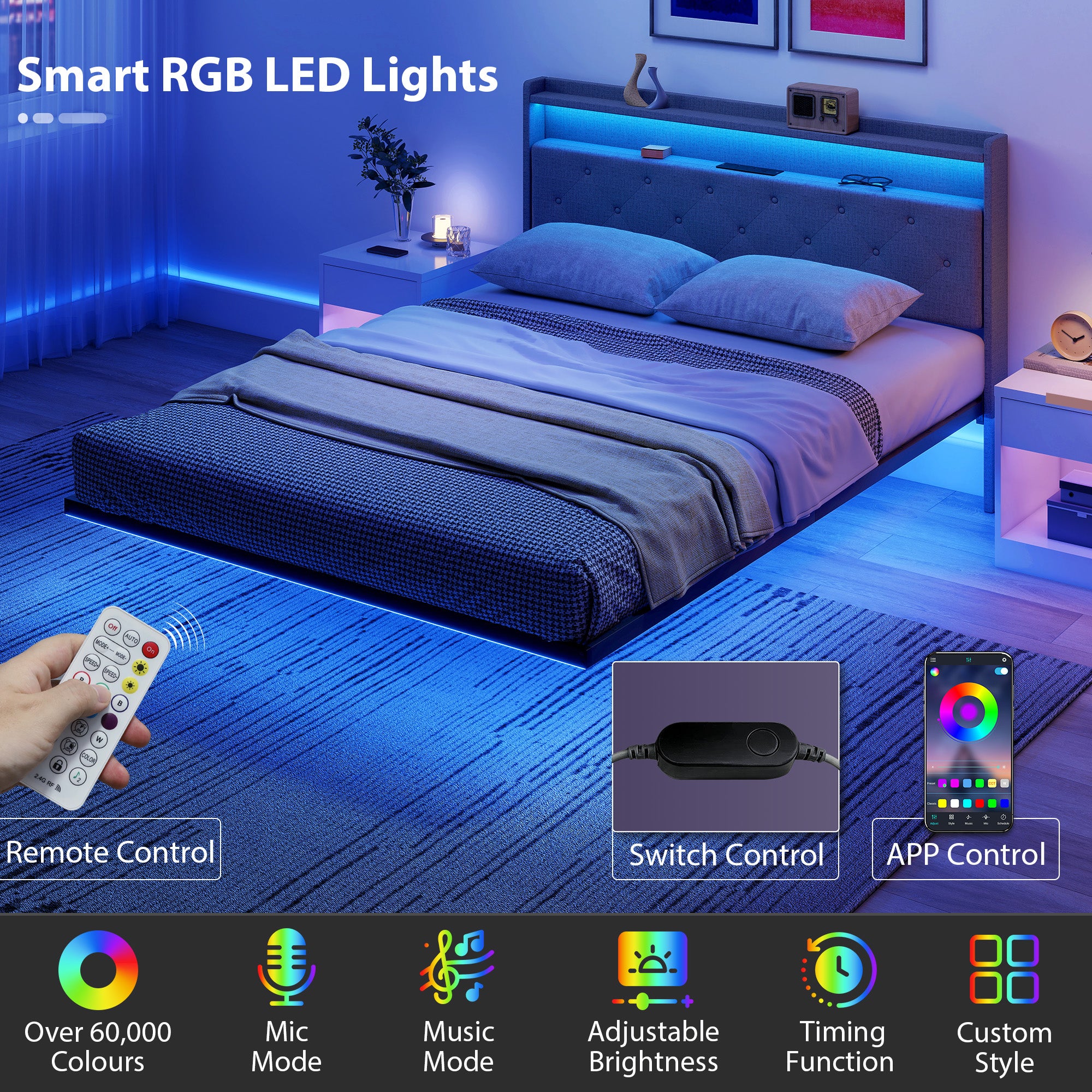Metal King Size Bed 139cm Wide With Fabic Headboard And LED Lights - Velmora