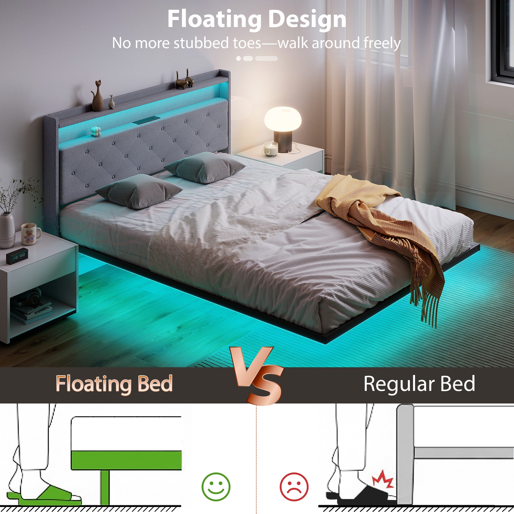 Metal King Size Bed 139cm Wide With Fabic Headboard And LED Lights - Velmora