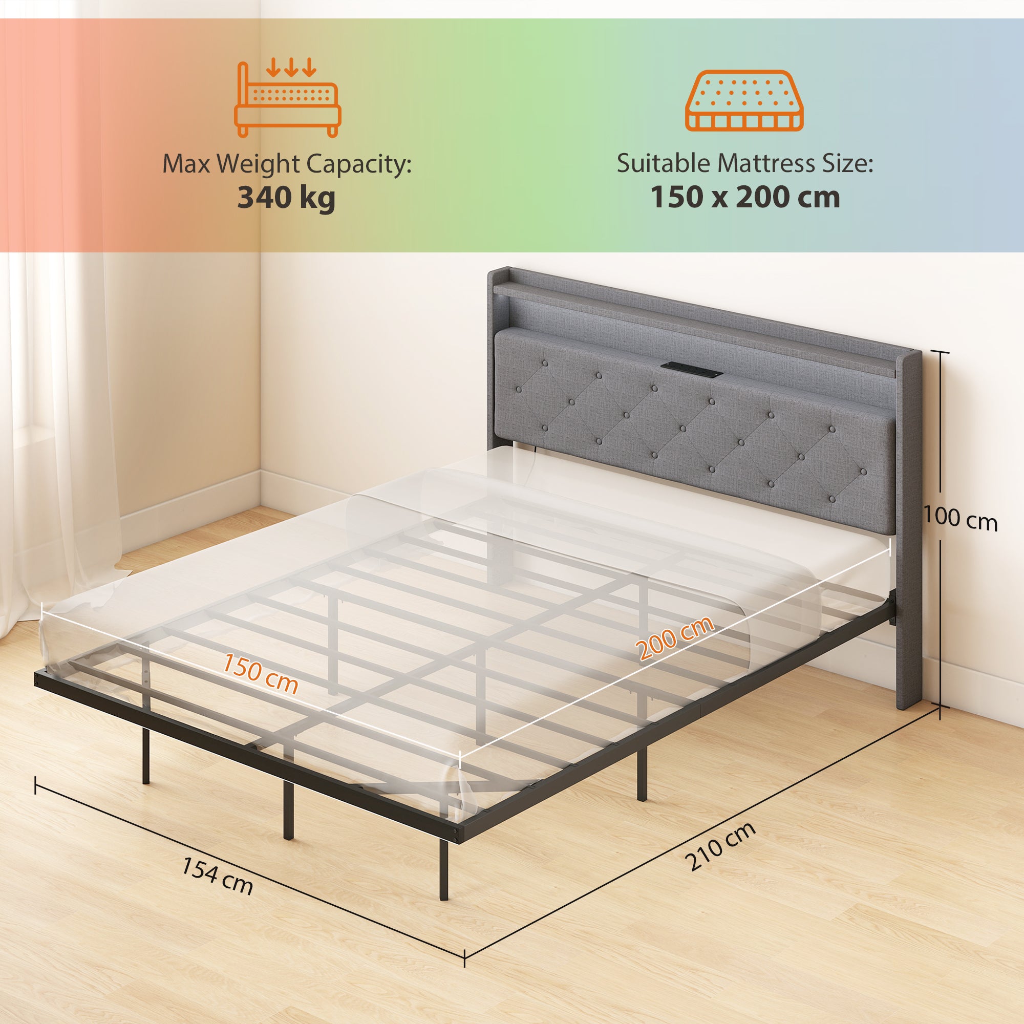 Metal King Size Bed 139cm Wide With Fabic Headboard And LED Lights - Velmora