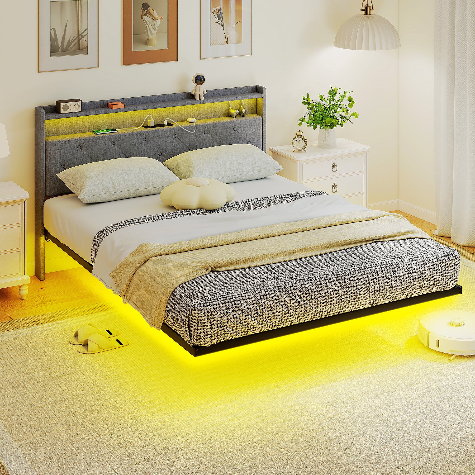 Metal King Size Bed 139cm Wide With Fabic Headboard And LED Lights - Velmora