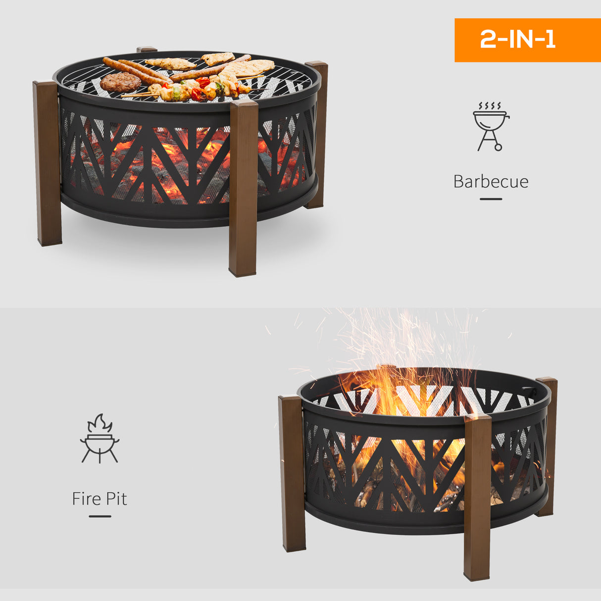 Metal Large 2-In-1 Round Fire Pit Bowl Brazier With Lid And BBQ Grill for Backyard - Velmora
