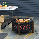 Metal Large 2-In-1 Round Fire Pit Bowl Brazier With Lid And BBQ Grill for Backyard - Velmora
