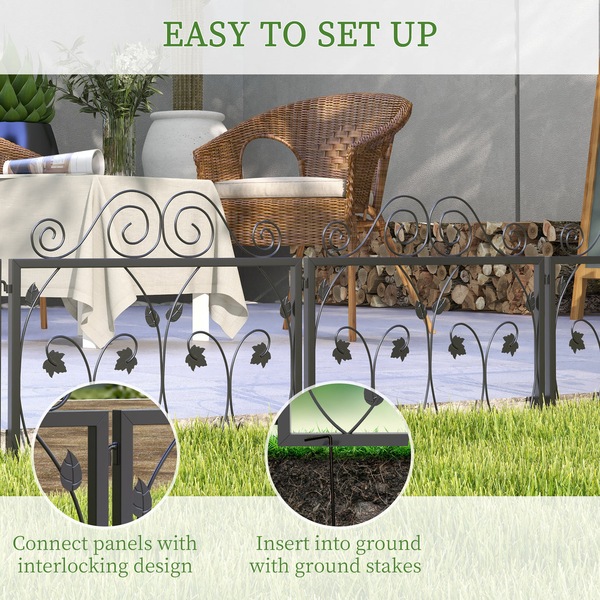 Metal Leaf Scroll Garden Fence Panels 229.5cm in Set Of 4 - Velmora