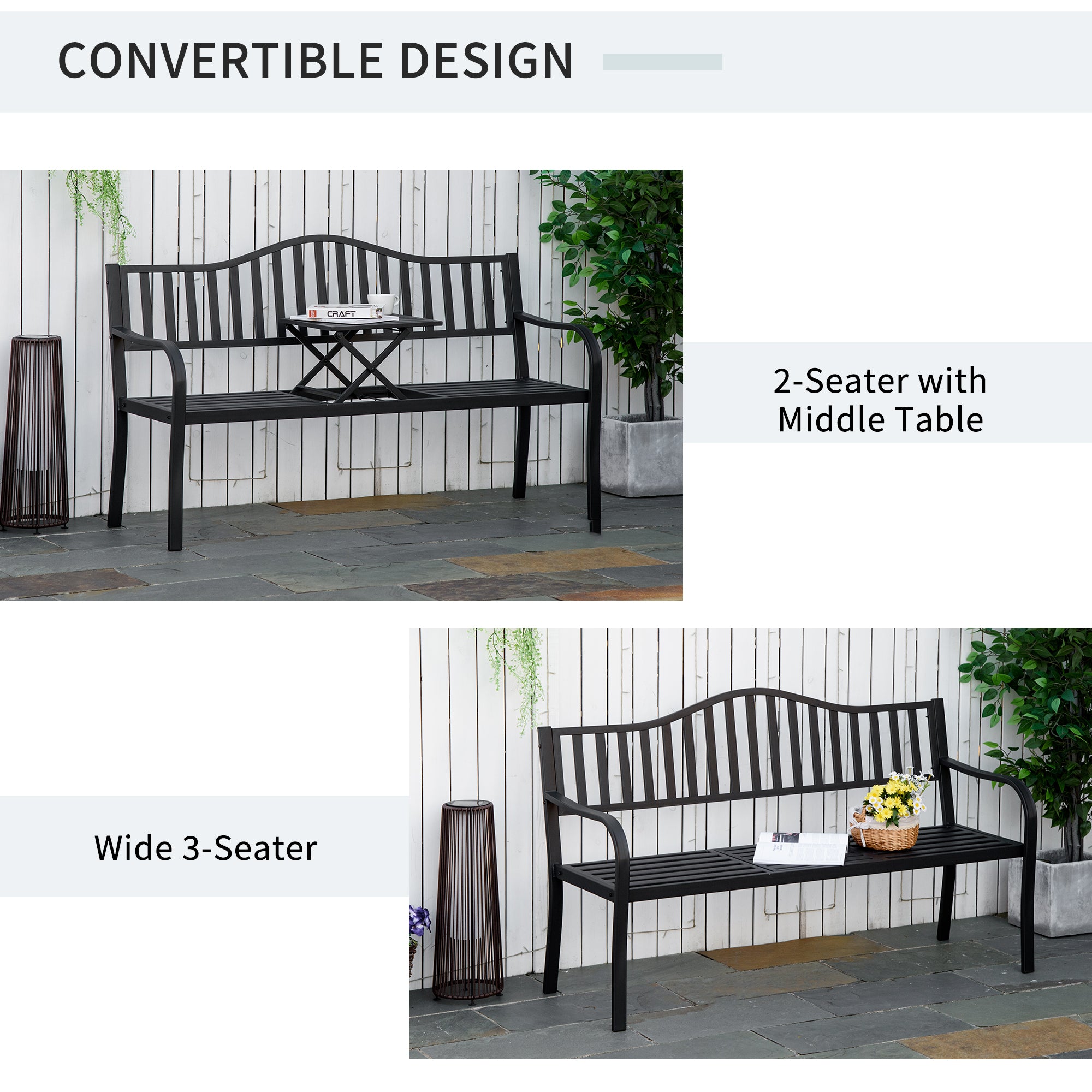 Metal Outdoor 2 Seater Bench With Lifetable Middle Table Patio - Velmora