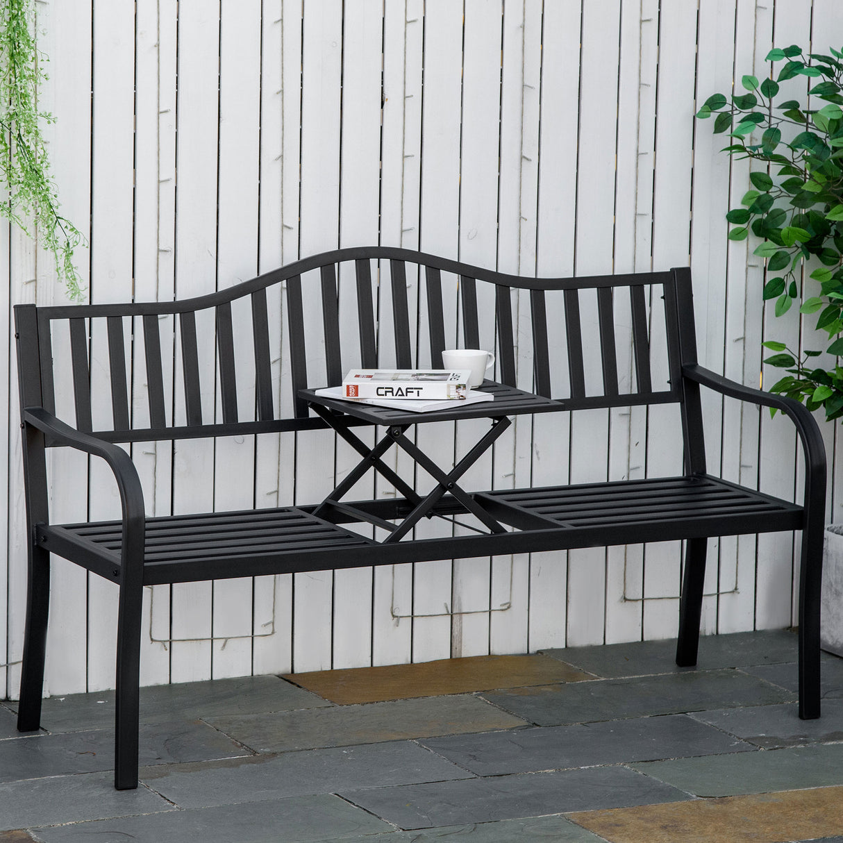 Metal Outdoor 2 Seater Bench With Lifetable Middle Table Patio - Velmora