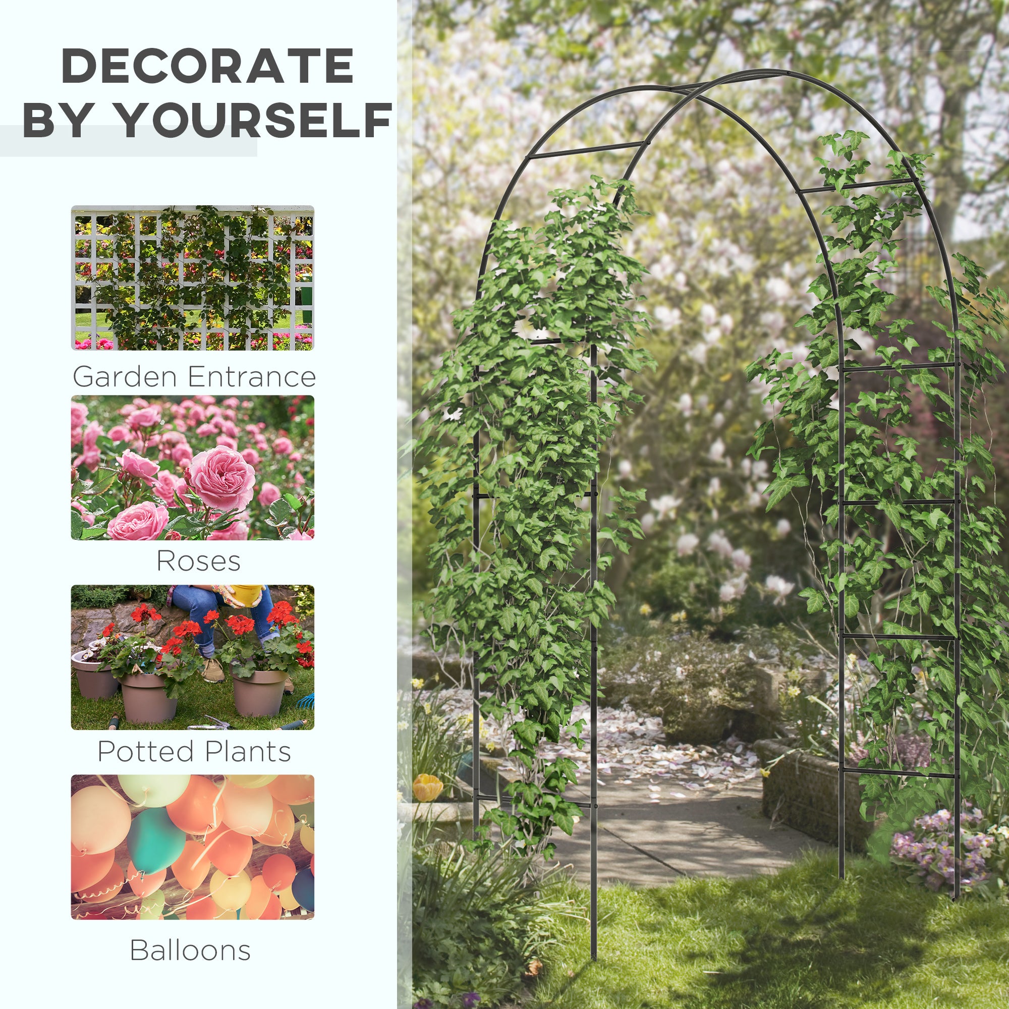 Metal Outdoor Garden Arch Trellis 240cm High - Velmora