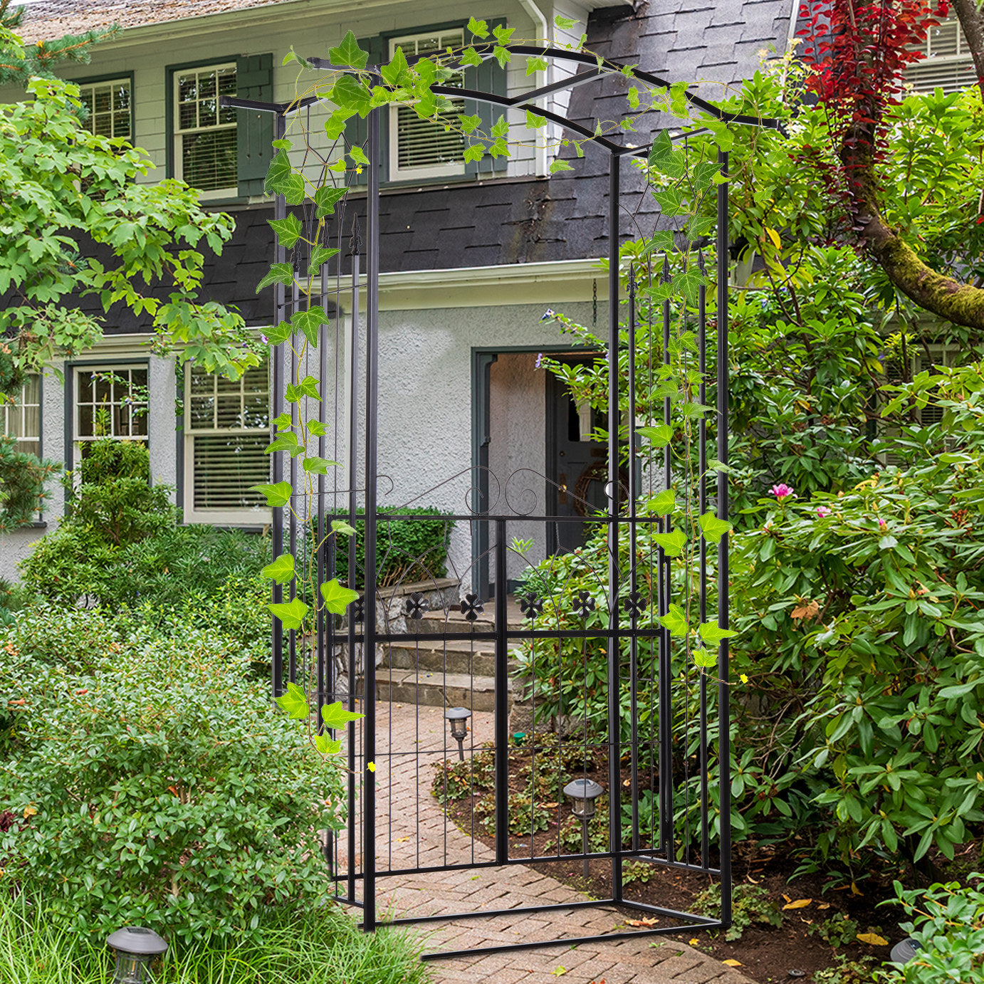 Metal Outdoor Garden Arch Trellis With Gate 212cm High - Velmora