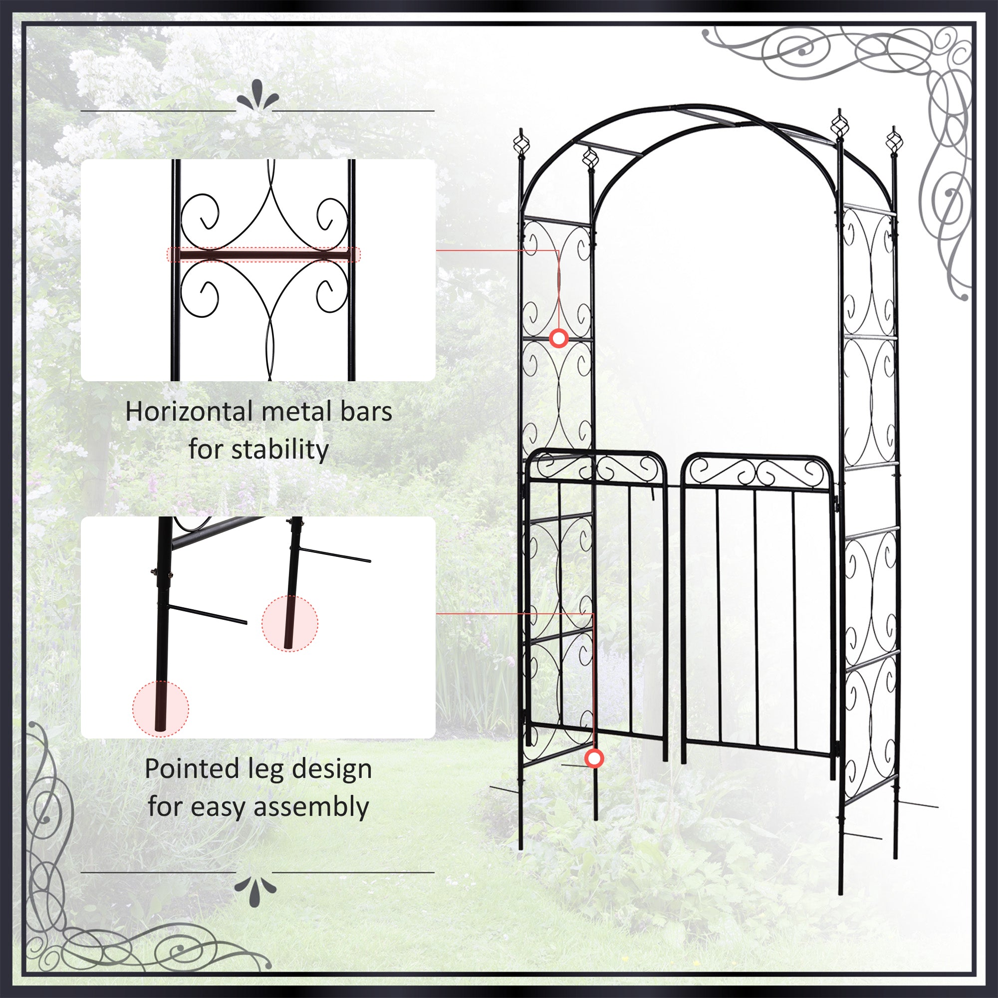 Metal Outdoor Garden Arch Trellis With Gate 215cm High - Velmora