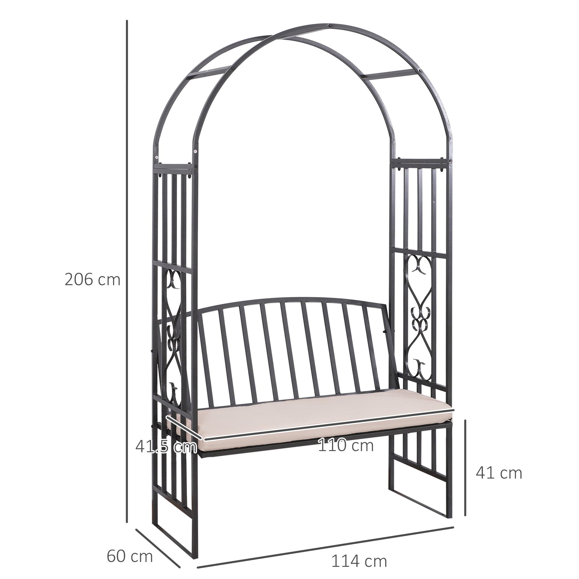 Metal Outdoor Garden Bench 114cm Wide With Arch And Cushion - Velmora
