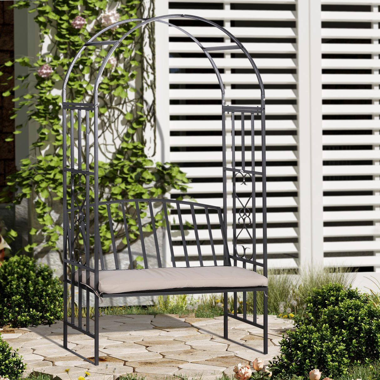 Metal Outdoor Garden Bench 114cm Wide With Arch And Cushion - Velmora