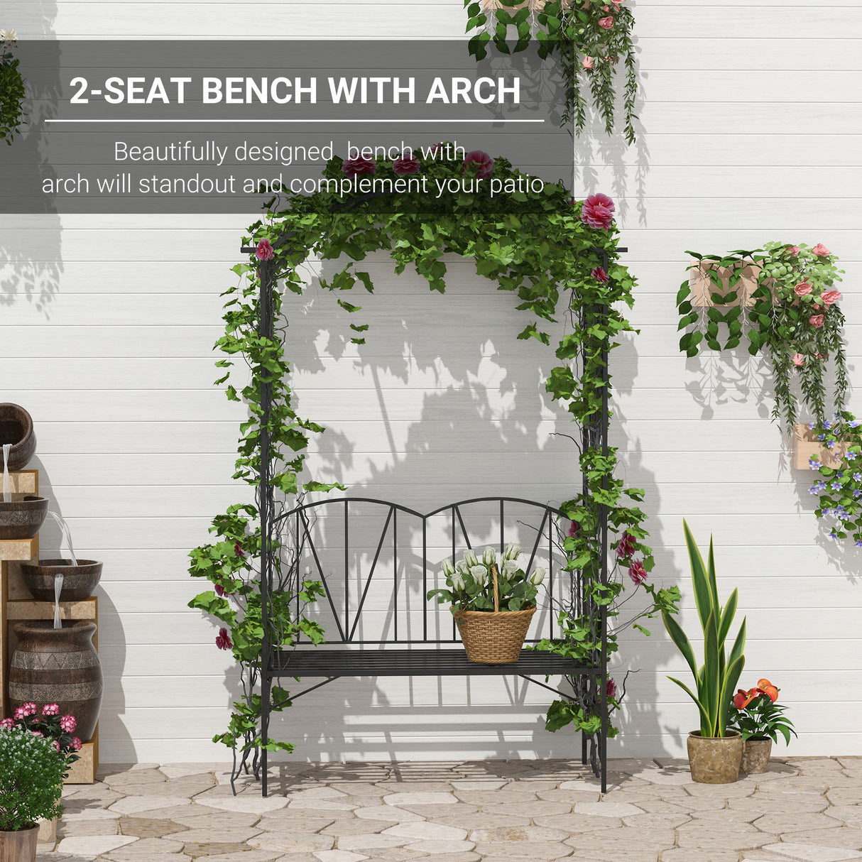 Metal Outdoor Garden Bench 203cm Wide With Arch - Velmora