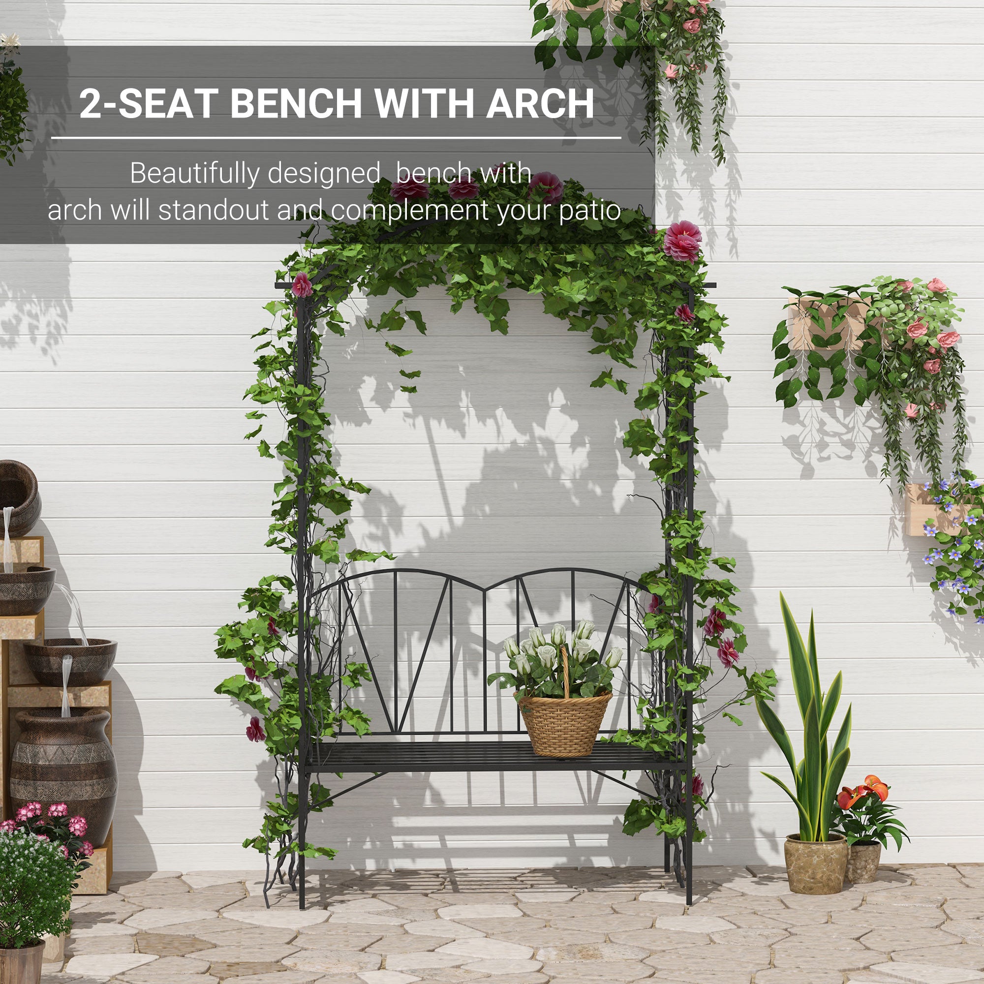 Metal Outdoor Garden Bench 203cm Wide With Arch - Velmora
