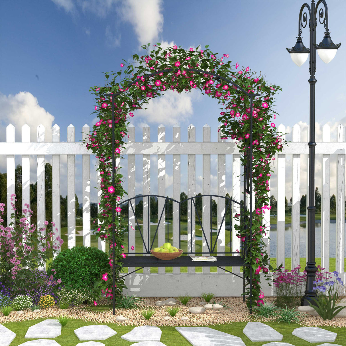 Metal Outdoor Garden Bench 203cm Wide With Arch - Velmora