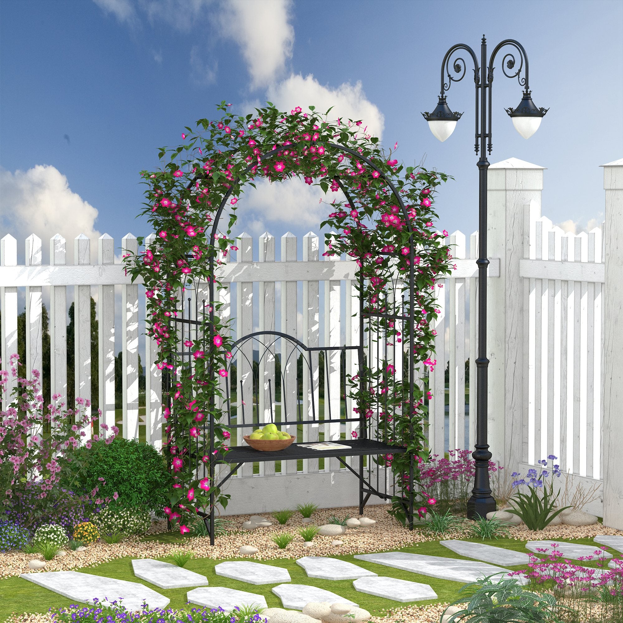 Metal Outdoor Patio Garden Bench 115cm Wide With Arch - Velmora