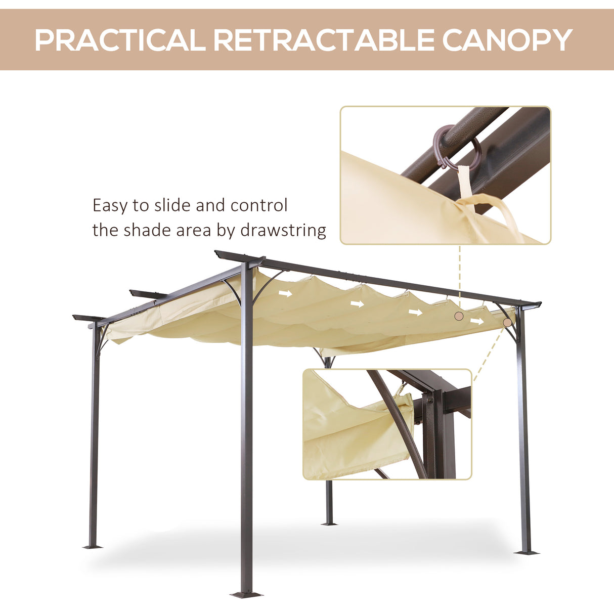 Metal Pergola Gazebo Awning Retractable Canopy 350cm Width x 350cm Depth - Velmora