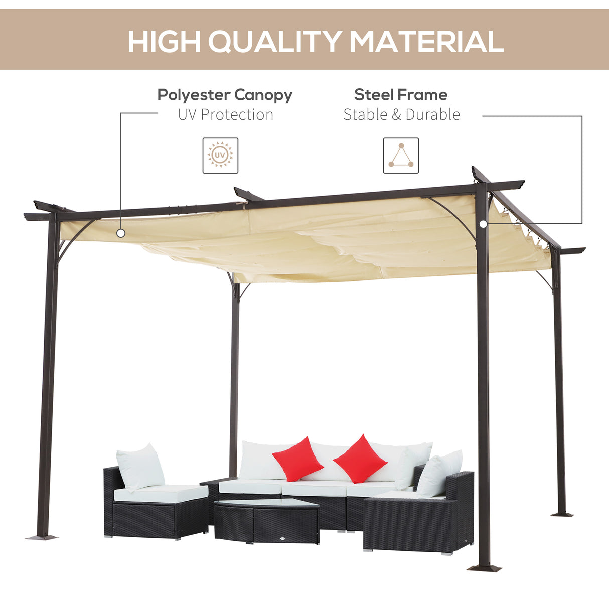 Metal Pergola Gazebo Awning Retractable Canopy 350cm Width x 350cm Depth - Velmora