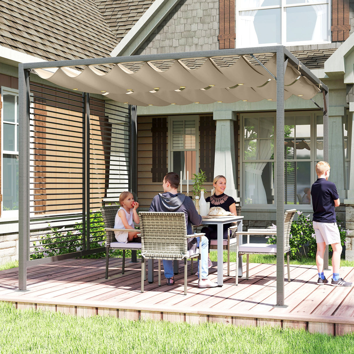 Metal Pergola With Retractable Fabric Roof 280cm Width x 300cm Depth - Velmora