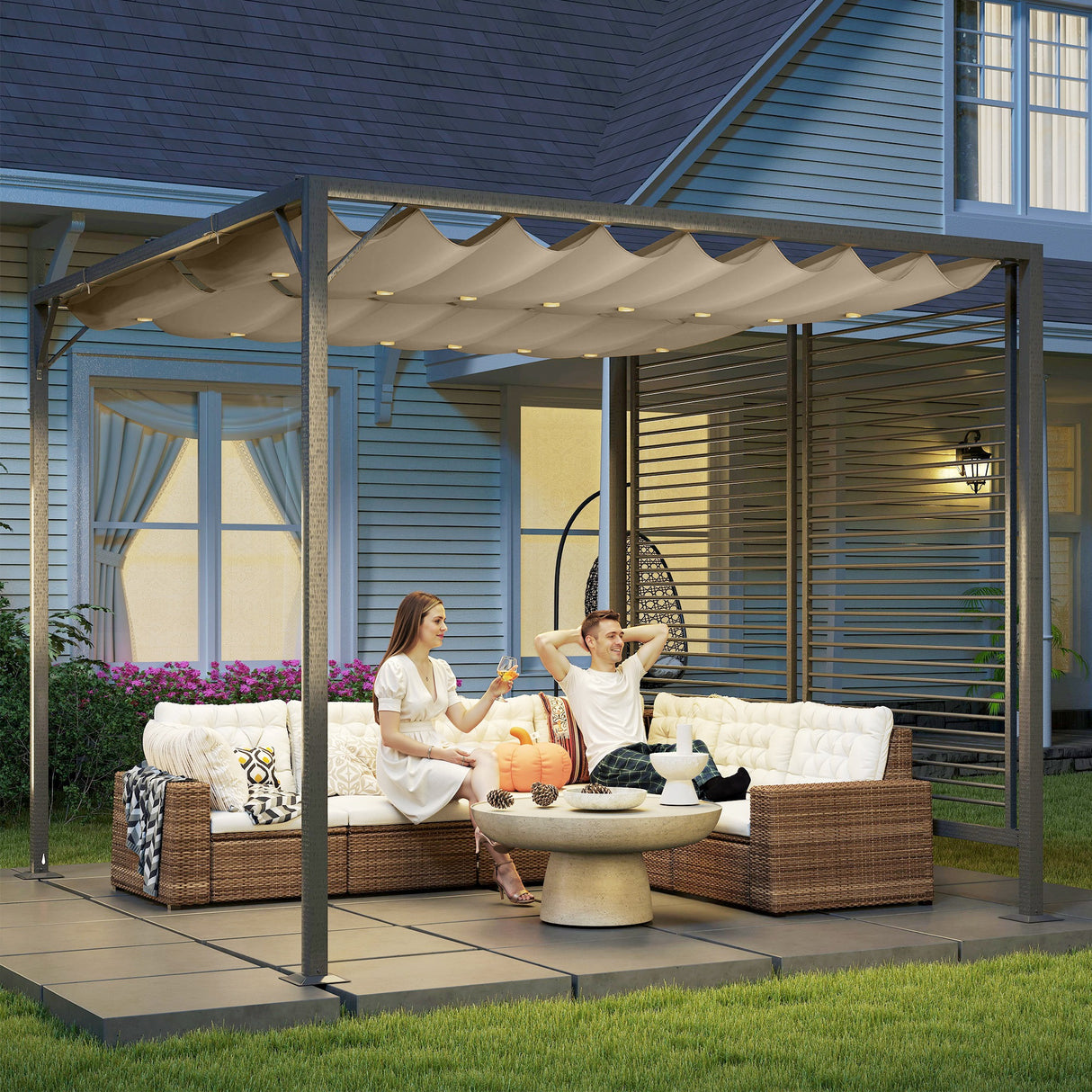 Metal Pergola With Retractable Fabric Roof 280cm Width x 300cm Depth - Velmora