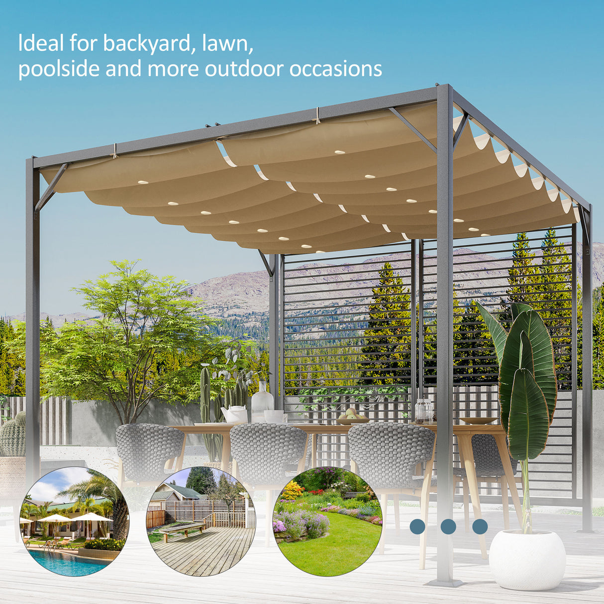 Metal Pergola With Retractable Fabric Roof 280cm Width x 300cm Depth - Velmora