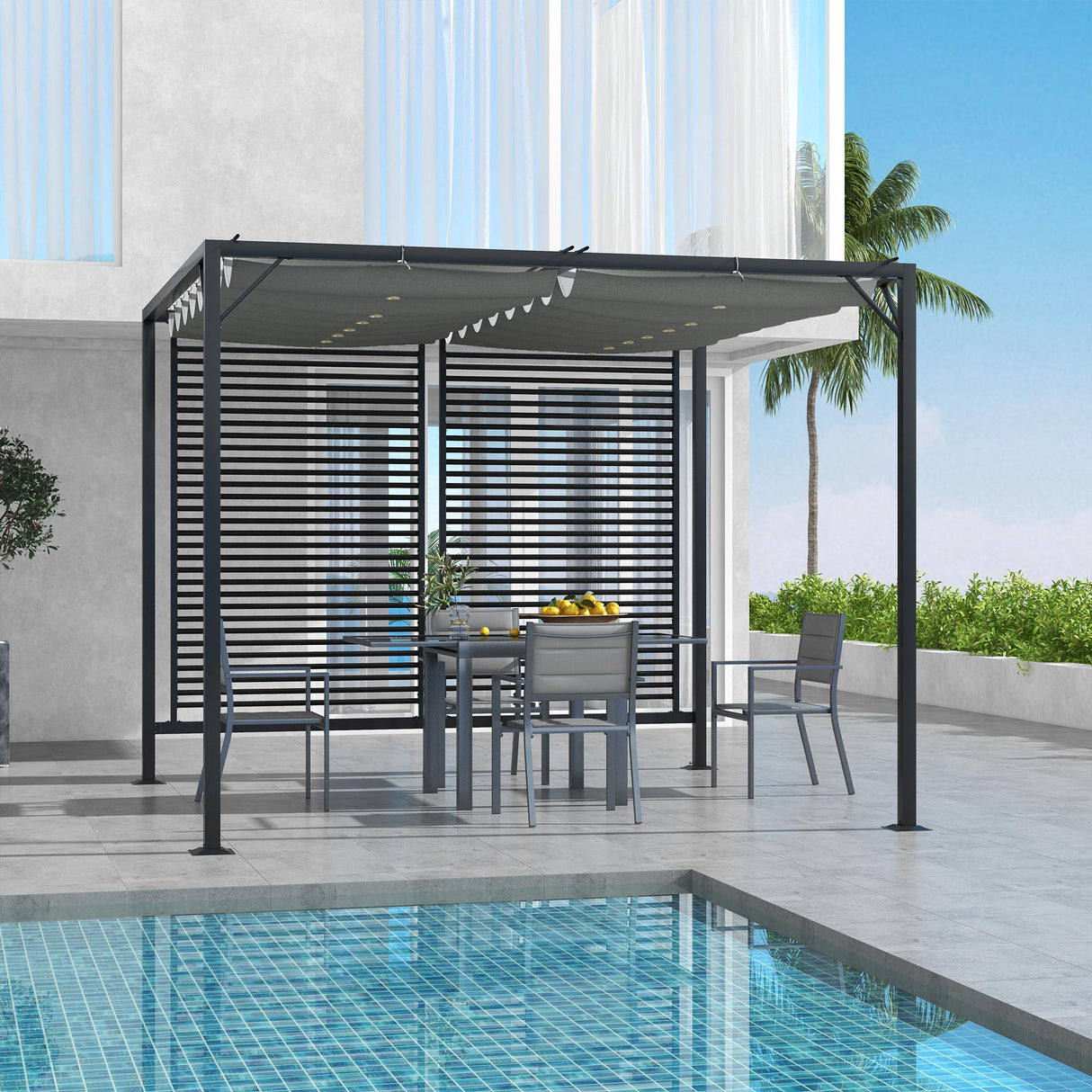Metal Pergola With Retractable Fabric Roof 280cm Width x 300cm Depth - Velmora