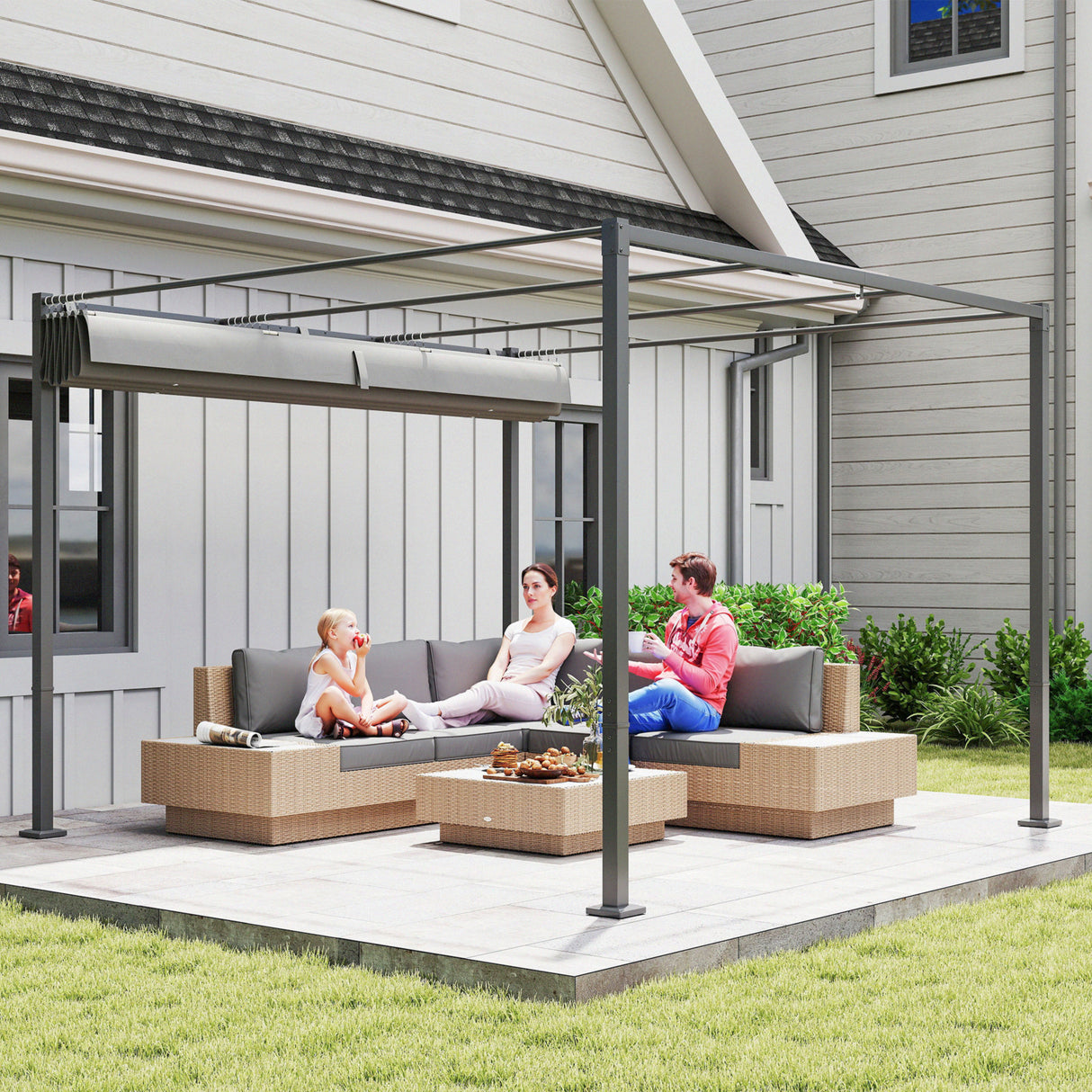 Metal Pergola With Retractable Roof 298cm Width x 297cm Depth - Velmora