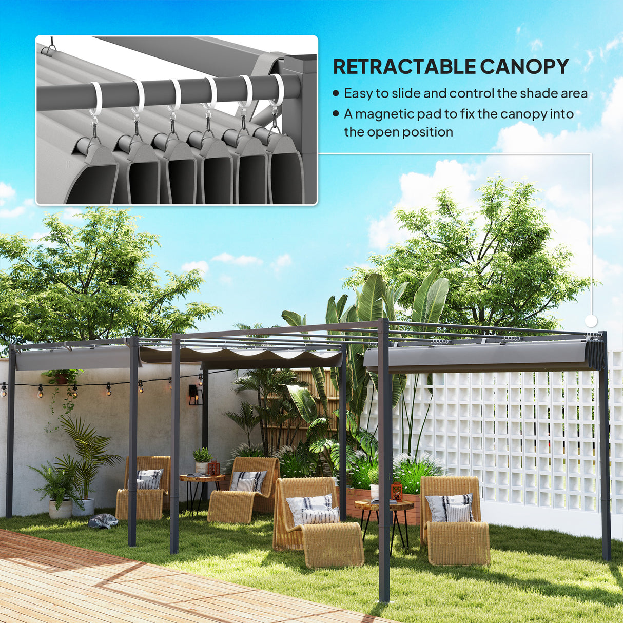 Metal Pergola With Retractable Roof 298cm Width x 297cm Depth - Velmora