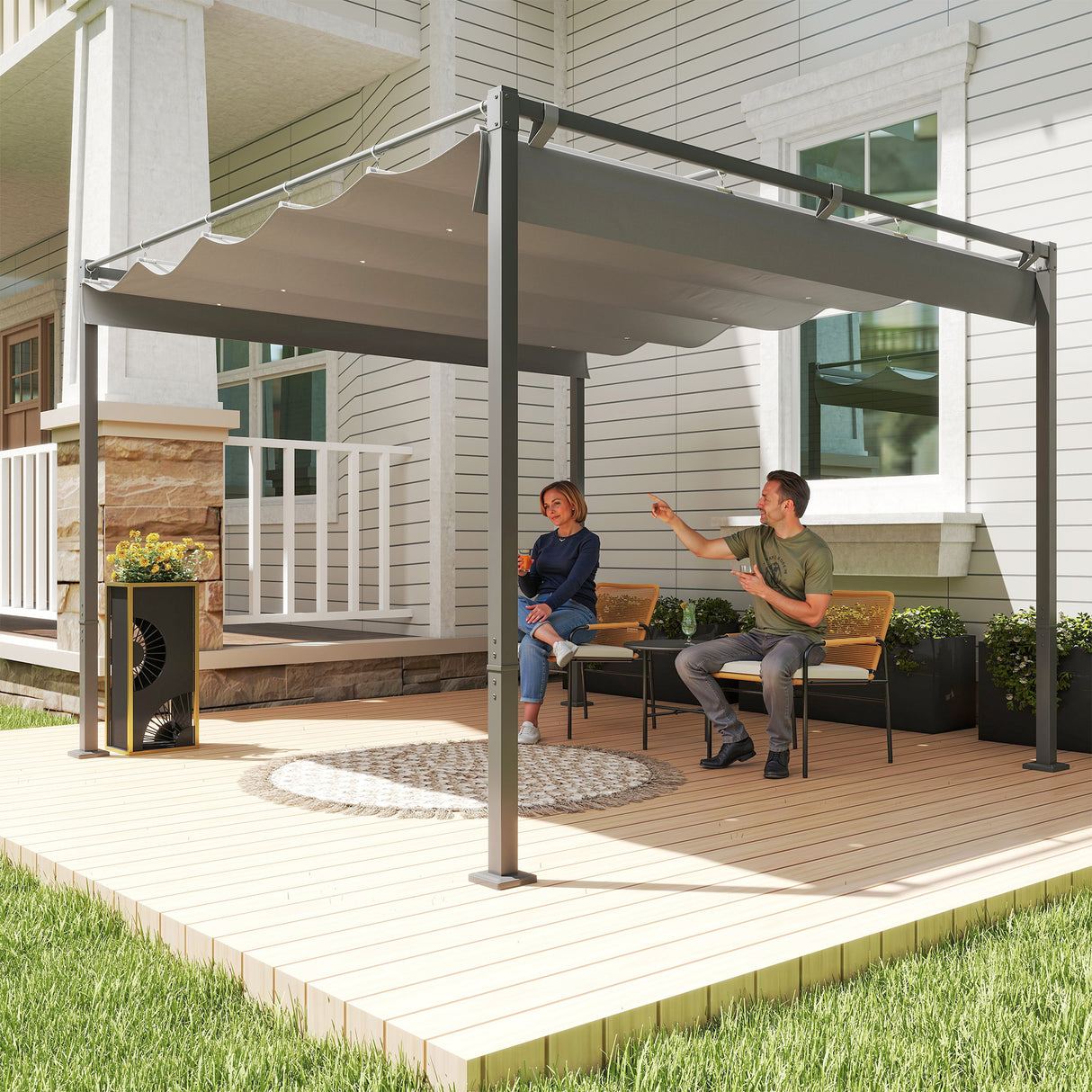 Metal Pergola With Retractable Roof 298cm Width x 297cm Depth - Velmora