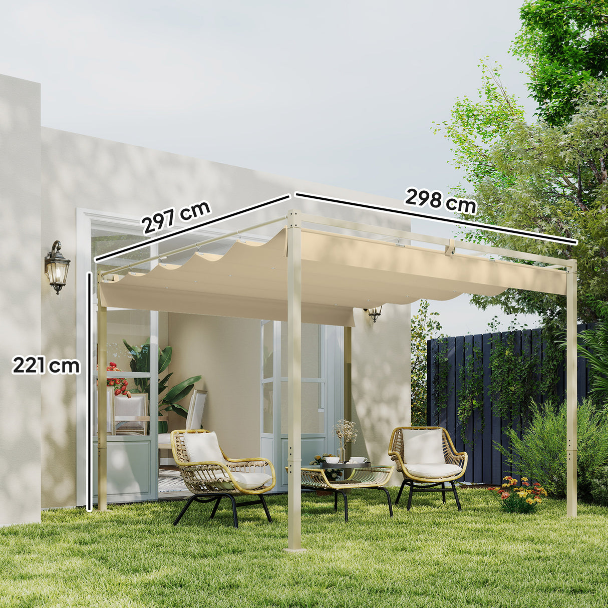 Metal Pergola With Retractable Roof 298cm Width x 297cm Depth - Velmora