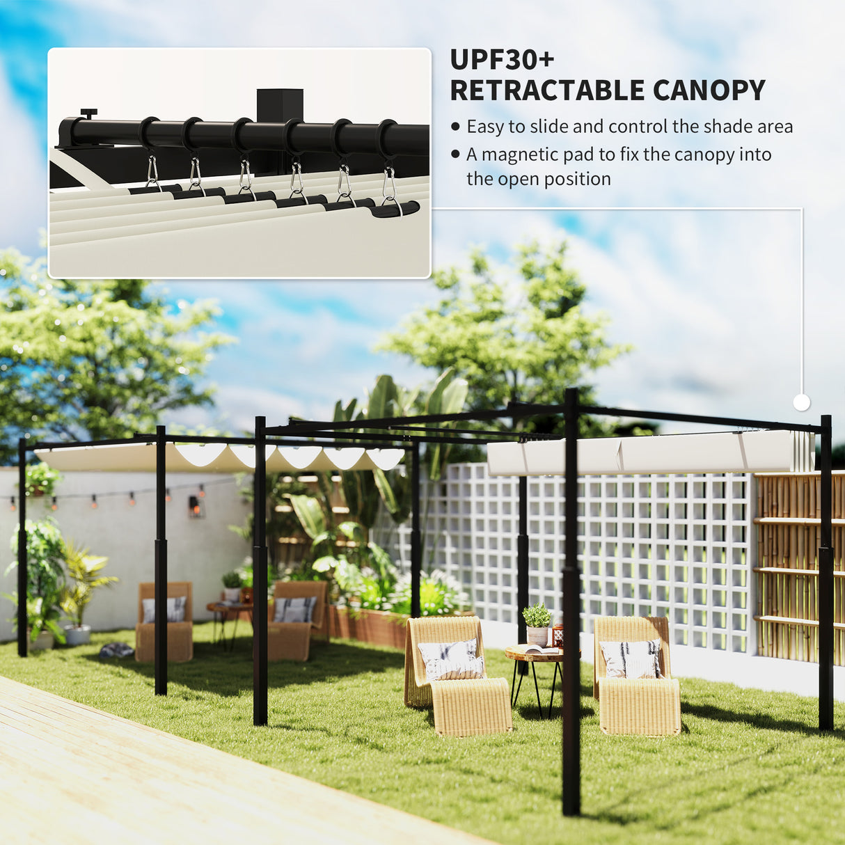 Metal Pergola With Retractable Roof 298cm Width x 298cm Depth - Velmora