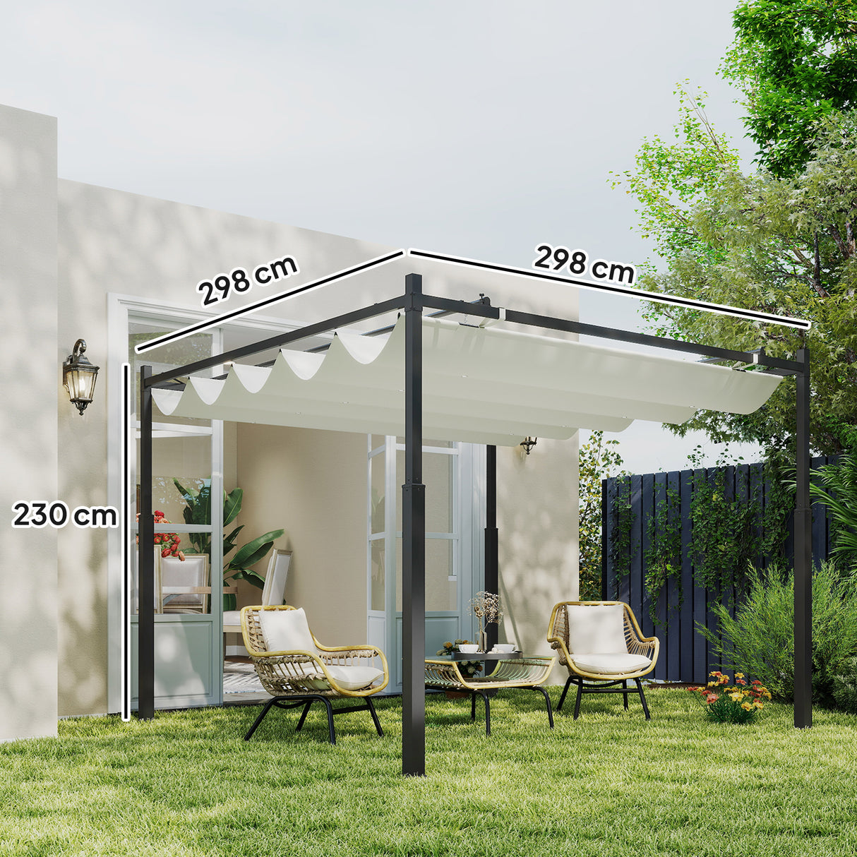 Metal Pergola With Retractable Roof 298cm Width x 298cm Depth - Velmora
