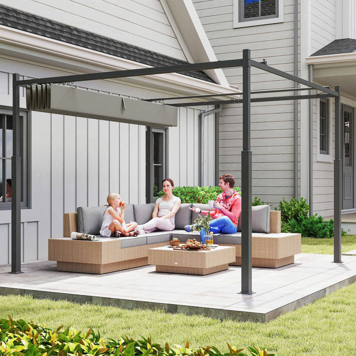 Metal Pergola With Retractable Roof 298cm Width x 298cm Depth - Velmora