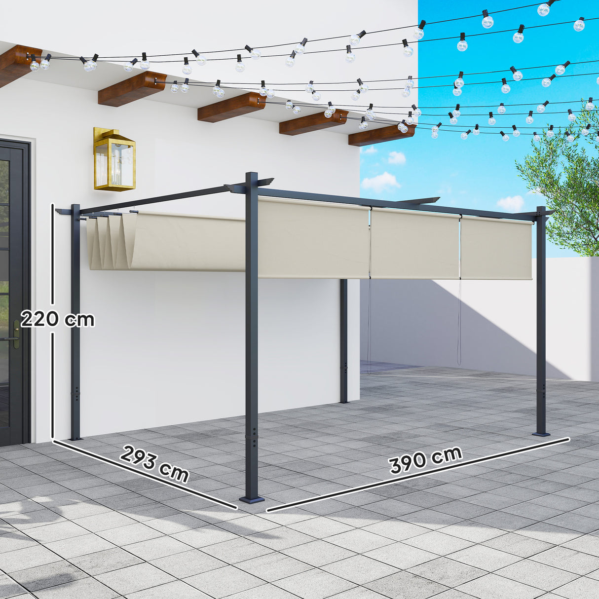 Metal Pergola With Retractable Roof 390cm Width x 293cm Depth - Velmora