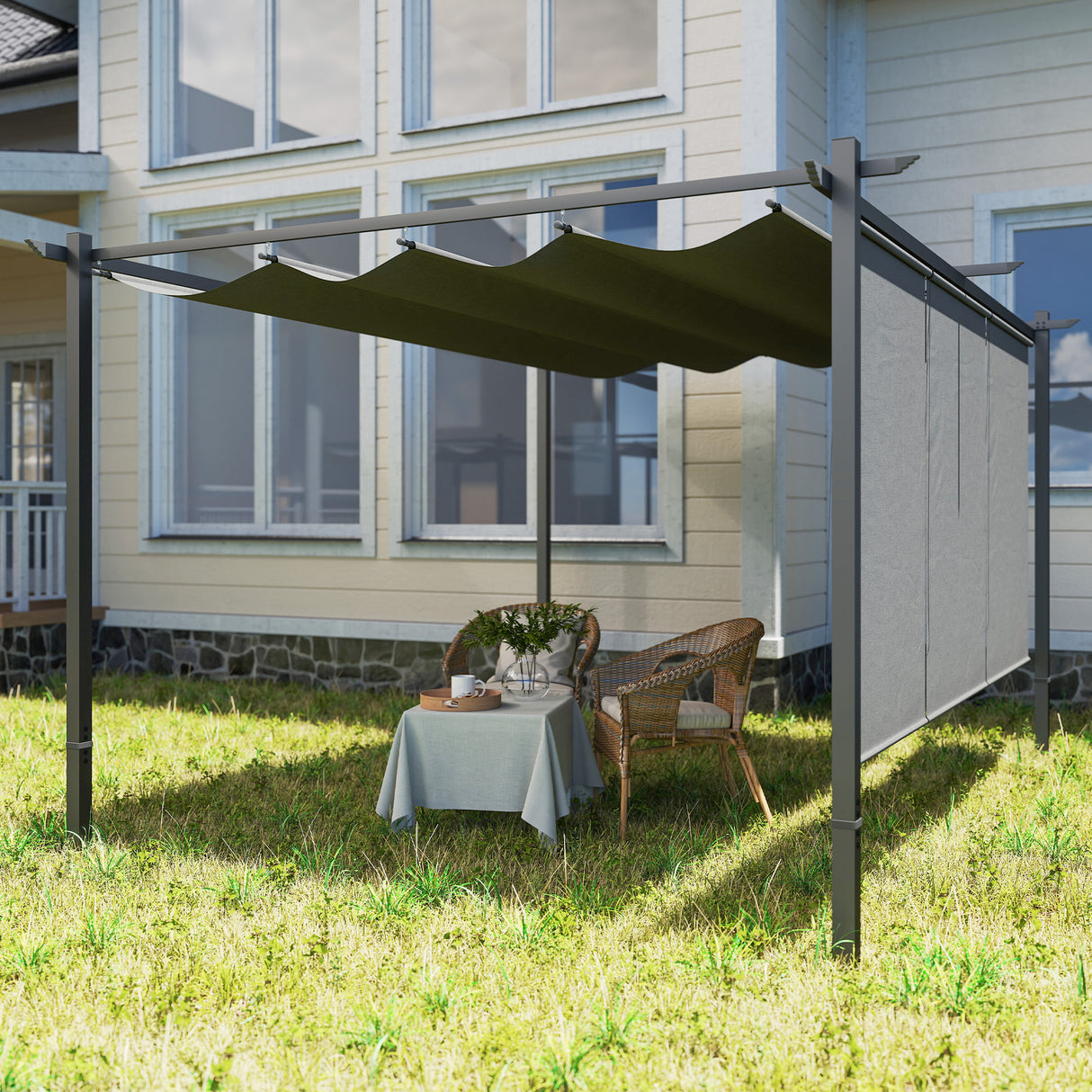 Metal Pergola With Retractable Roof 390cm Width x 293cm Depth - Velmora